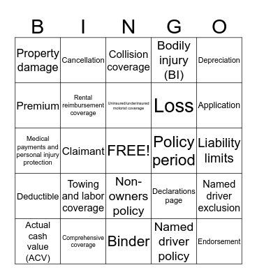 Auto Insuran Bingo Card