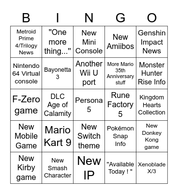 Nintendo Direct (17/02/2021) Bingo Card