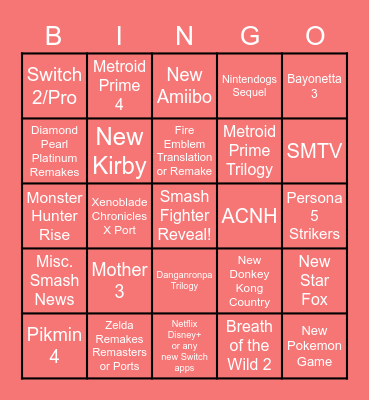 Nintendo Direct 2-17 Bingo Card