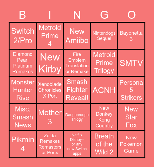 Nintendo Direct 2-17 Bingo Card