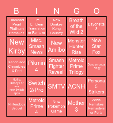 Nintendo Direct 2-17 Bingo Card