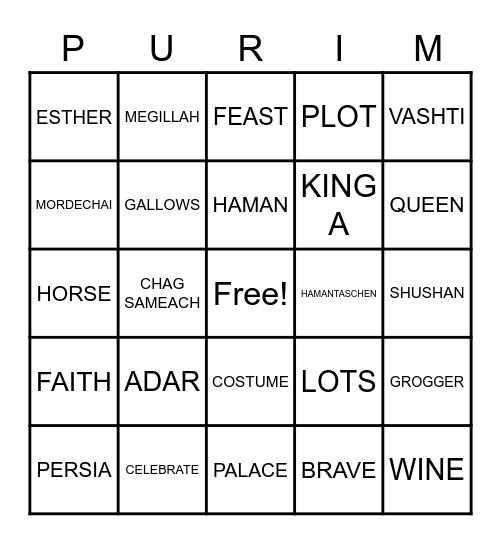 Purim 1 Bingo Card