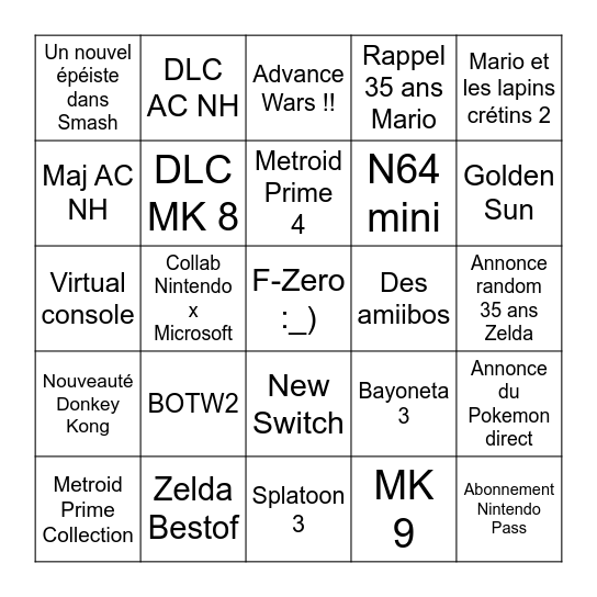 Nintendo Direct Bingo Card