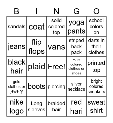 Fashion Bingo- Find a student with... Bingo Card