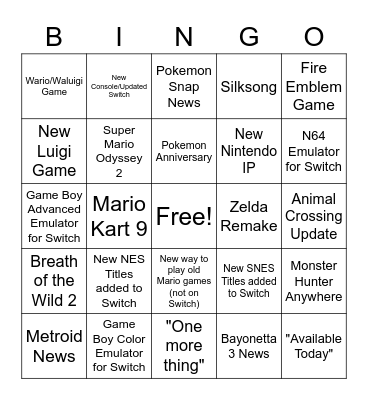 Nintendo Direct Bingo Card