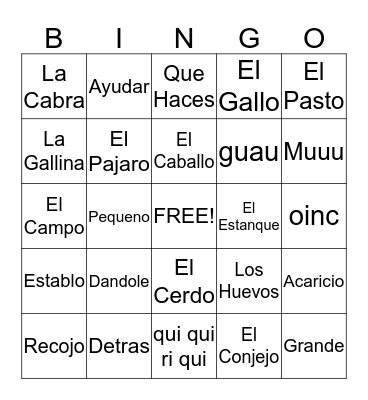 Animal Bingo Card