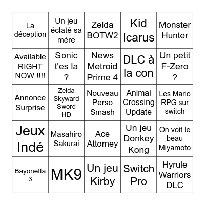 Nintendo Direct Bingo Card