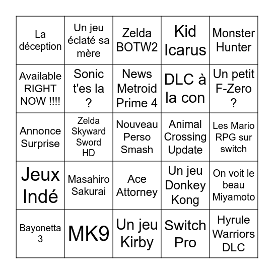 Nintendo Direct Bingo Card