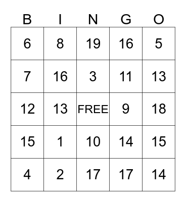 Number Bingo Card