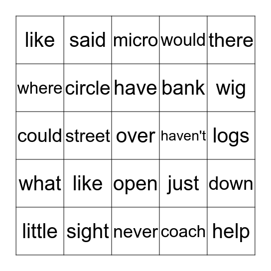 Wilson Reading Bingo Card