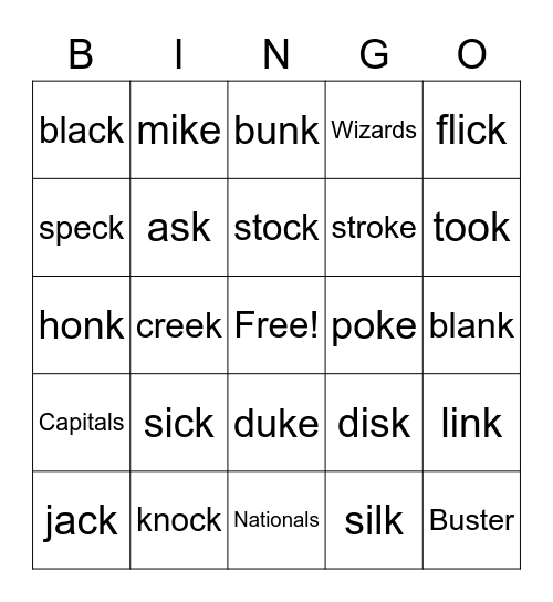 Sort 41 - more final /k/ Bingo Card