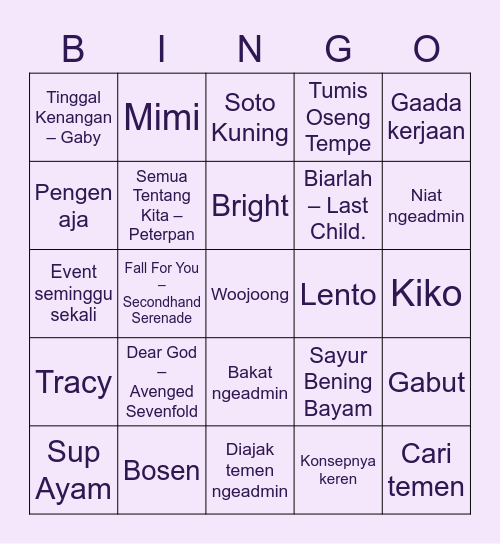 Tracy Bingo Card