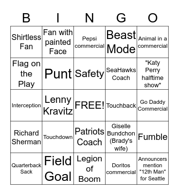 SuperBowl Bingo! Bingo Card