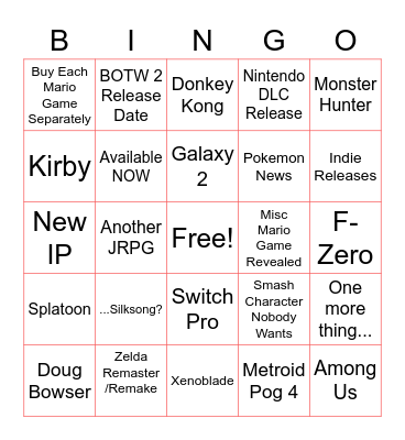 Nintendo Direct 2-17 Bingo Board Bingo Card