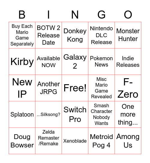 Nintendo Direct 2-17 Bingo Board Bingo Card