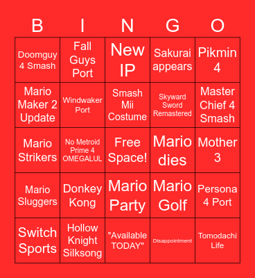 Nintendo Direct February 2021 Bingo Card