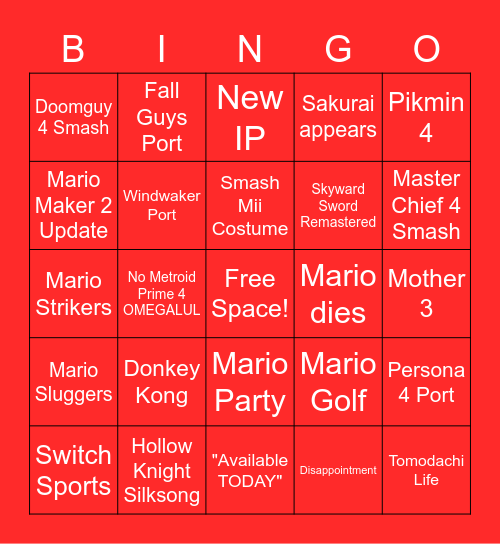 Nintendo Direct February 2021 Bingo Card