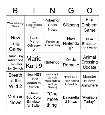 Nintendo Direct 2/17/2021 Bingo Card