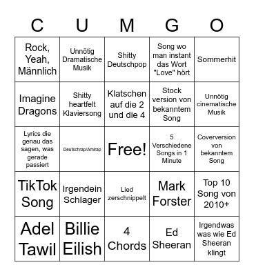 Bachelor Musikbingo Card