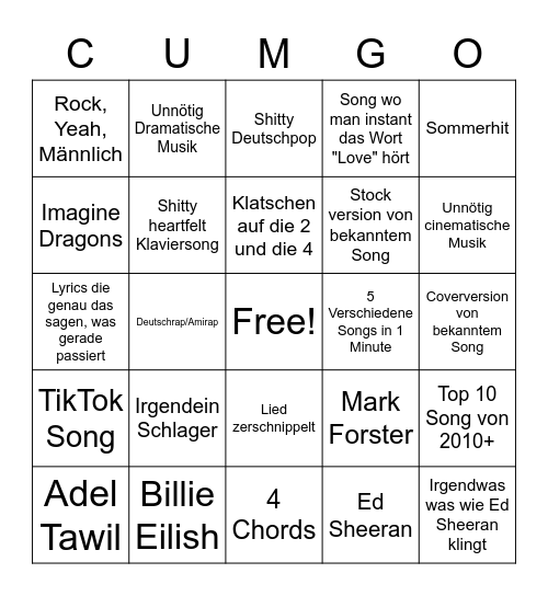 Bachelor Musikbingo Card