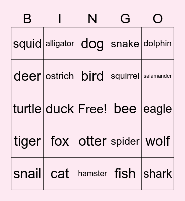 Animals Bingo Card