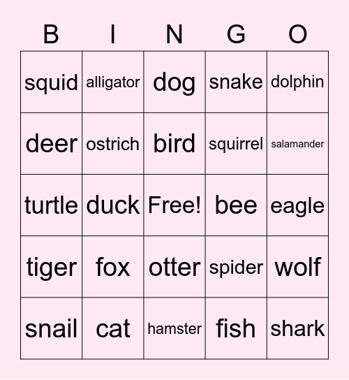 Animals Bingo Card