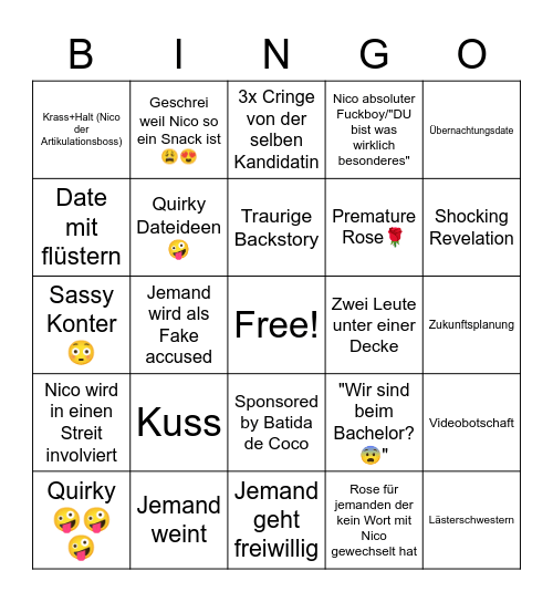 Bachelor Inhaltsbingo Card