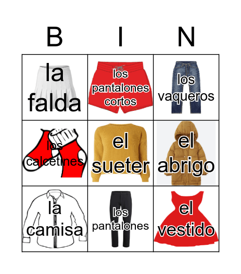 clothes Bingo Card