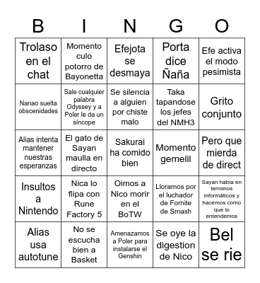 Nintendo Direct Reacciones Bingo Card