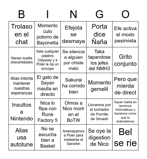 Nintendo Direct Reacciones Bingo Card