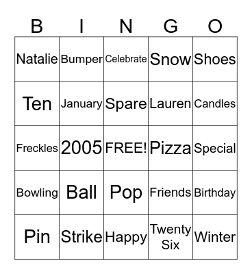 Natalie's 10th Birthday Bingo Card