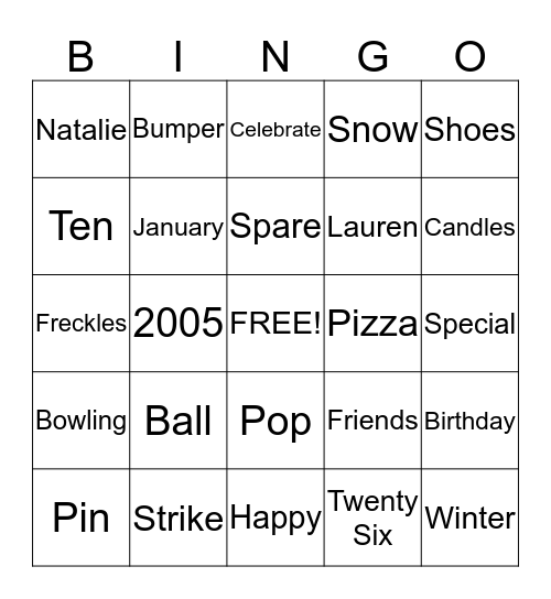 Natalie's 10th Birthday Bingo Card