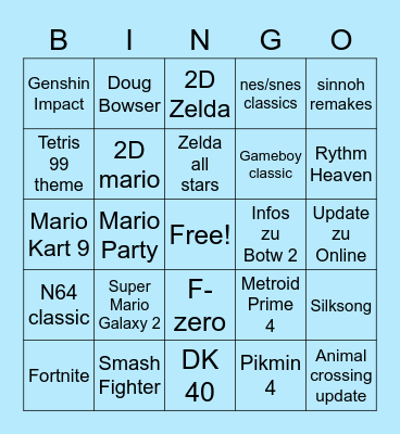 Nintendo Direct Bingo Card