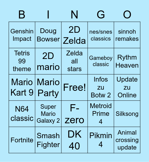 Nintendo Direct Bingo Card