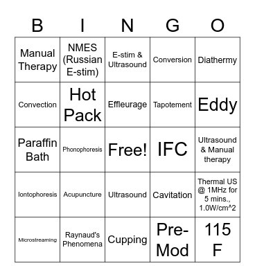 Therapeutic Modalities Bingo Card