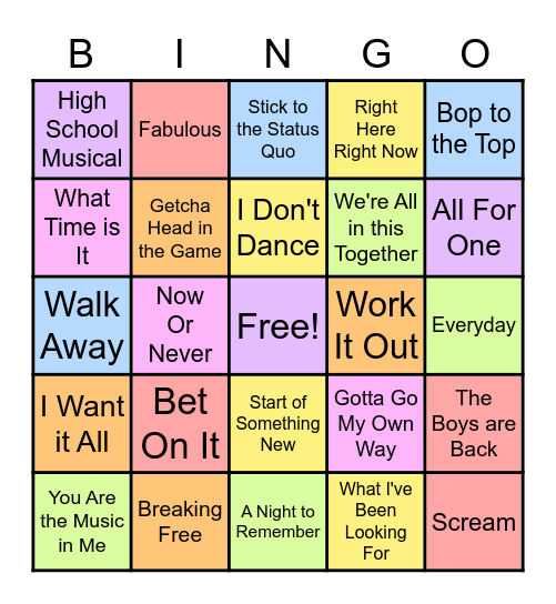High School Musical Songs Bingo Card