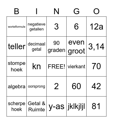 Wiskunde bingo Card