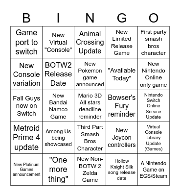 Nintendo Direct 17/2/2021 Bingo Card