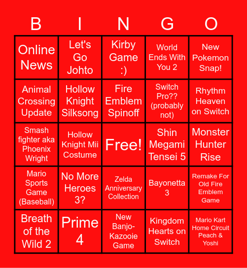 Nintendo Direct 2/17/2021 Bingo Card