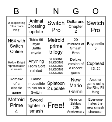 Nintendo Direct Bingo Card