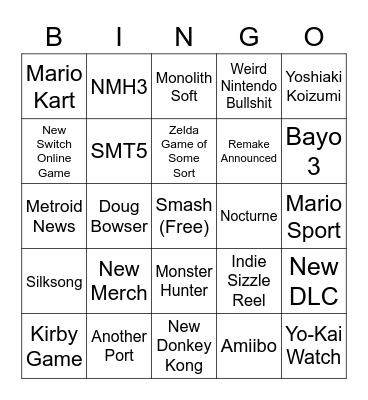 Nintendo Direct Bingo Card