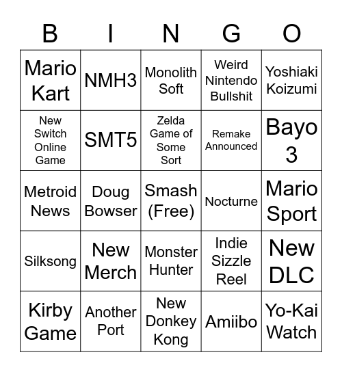 Nintendo Direct Bingo Card