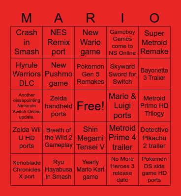 Nintendo Direct Bingo Card