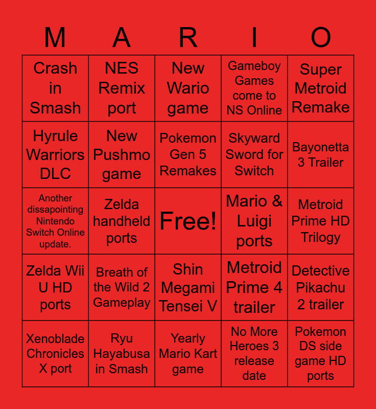 Nintendo Direct Bingo Template