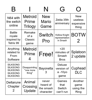 Nintendo Direct Bingo Card