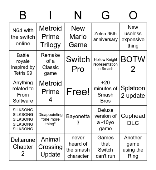 Nintendo Direct Bingo Card