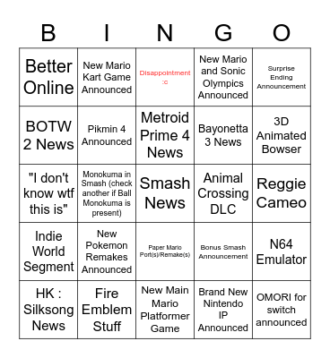 Nintendo Direct chad bingo Card