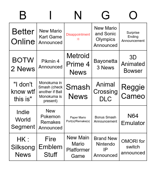 Nintendo Direct chad bingo Card