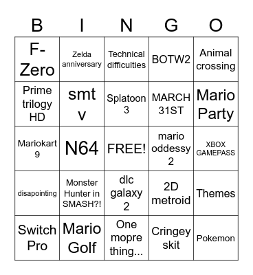 Nintendo Direct Bingo Card