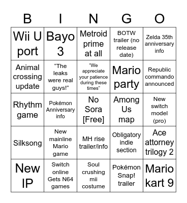 2/17 Nintendo Direct Bingo Card